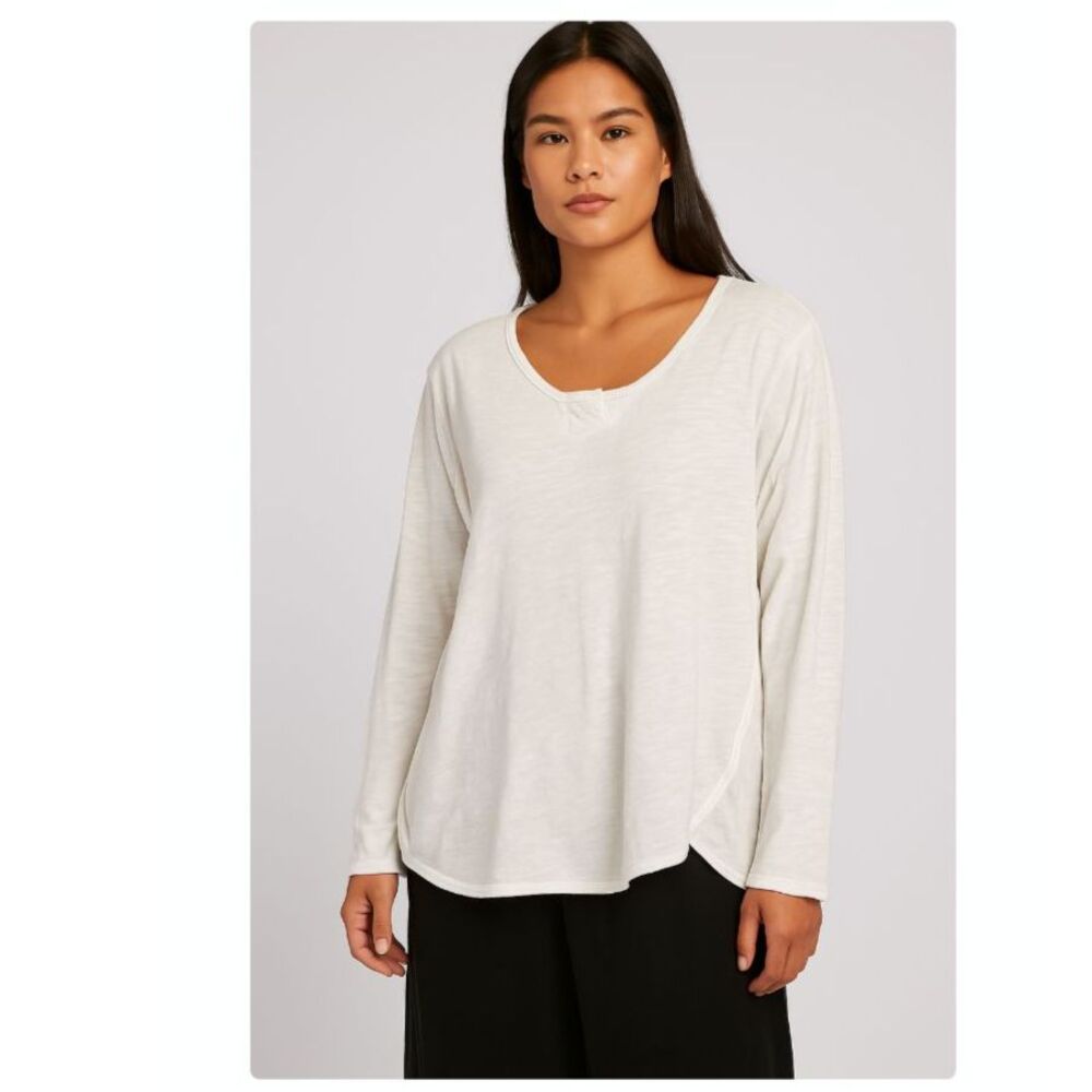 W By Wilt Asymetric Hem Split Round Neck Cotton Long Sleeve Tunic Top White L